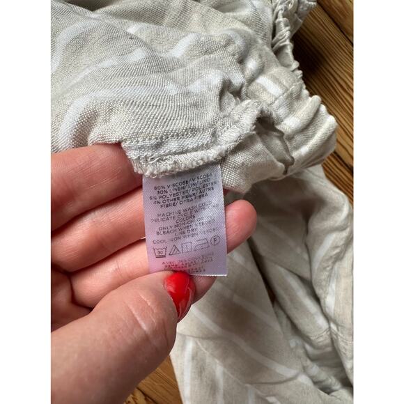 Loft Women Tan White Stripe Pocket Elastic Waist Cropped Linen Petite Med Pants - Picture 7 of 7